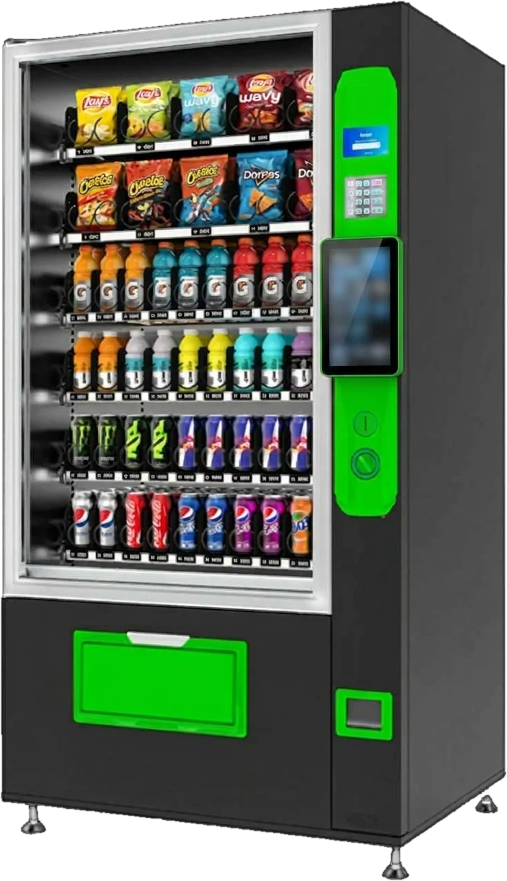 Máquina vending con snacks y bebidas, pantalla táctil y pago con tarjeta